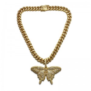 Fashion Bling Pink Butterfly Necklace Big Size Shiny Butterfly Pendant with Cuban Chain