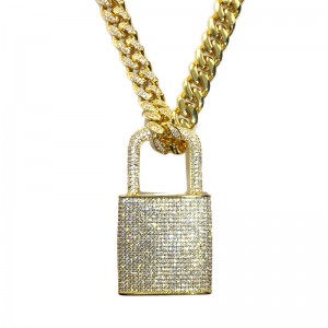 Brass Mens Copper Key Pendant Iced Out Cubic Zircon Diamond Padlock Lock Necklace